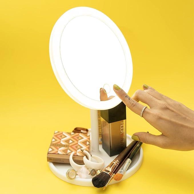 | Rechargable with USB Micro-B Cable | Portable & Foldable Travel Makeup Mirror with Light | Stand Mirror (White)