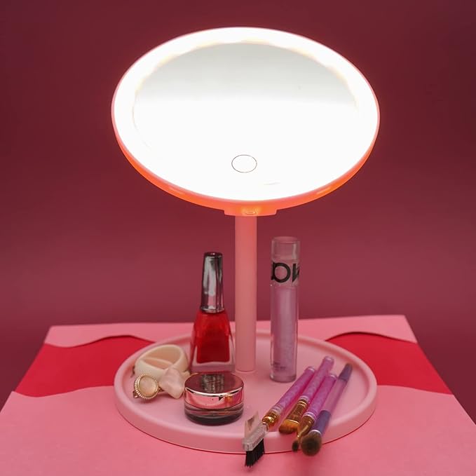 Round Tabletop Vanity Mirror with 3-Color LED Lights & Storage Tray