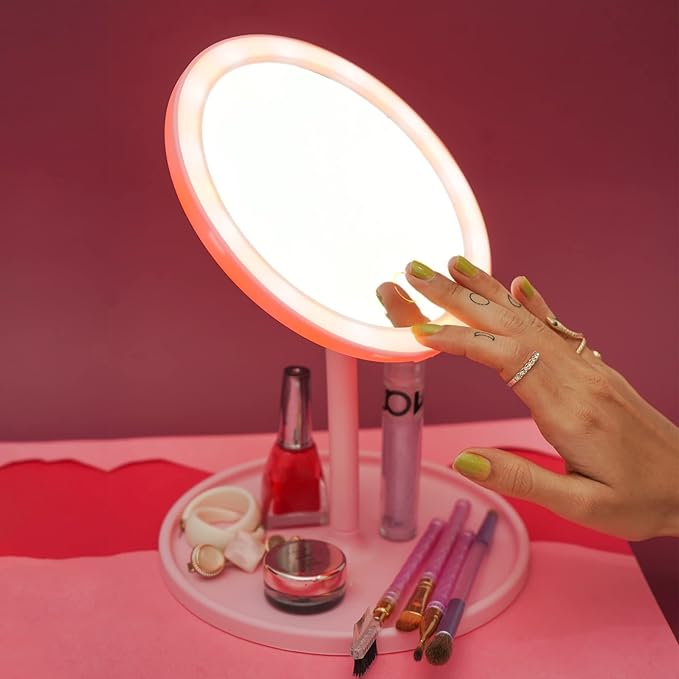 Round Tabletop Vanity Mirror with 3-Color LED Lights & Storage Tray